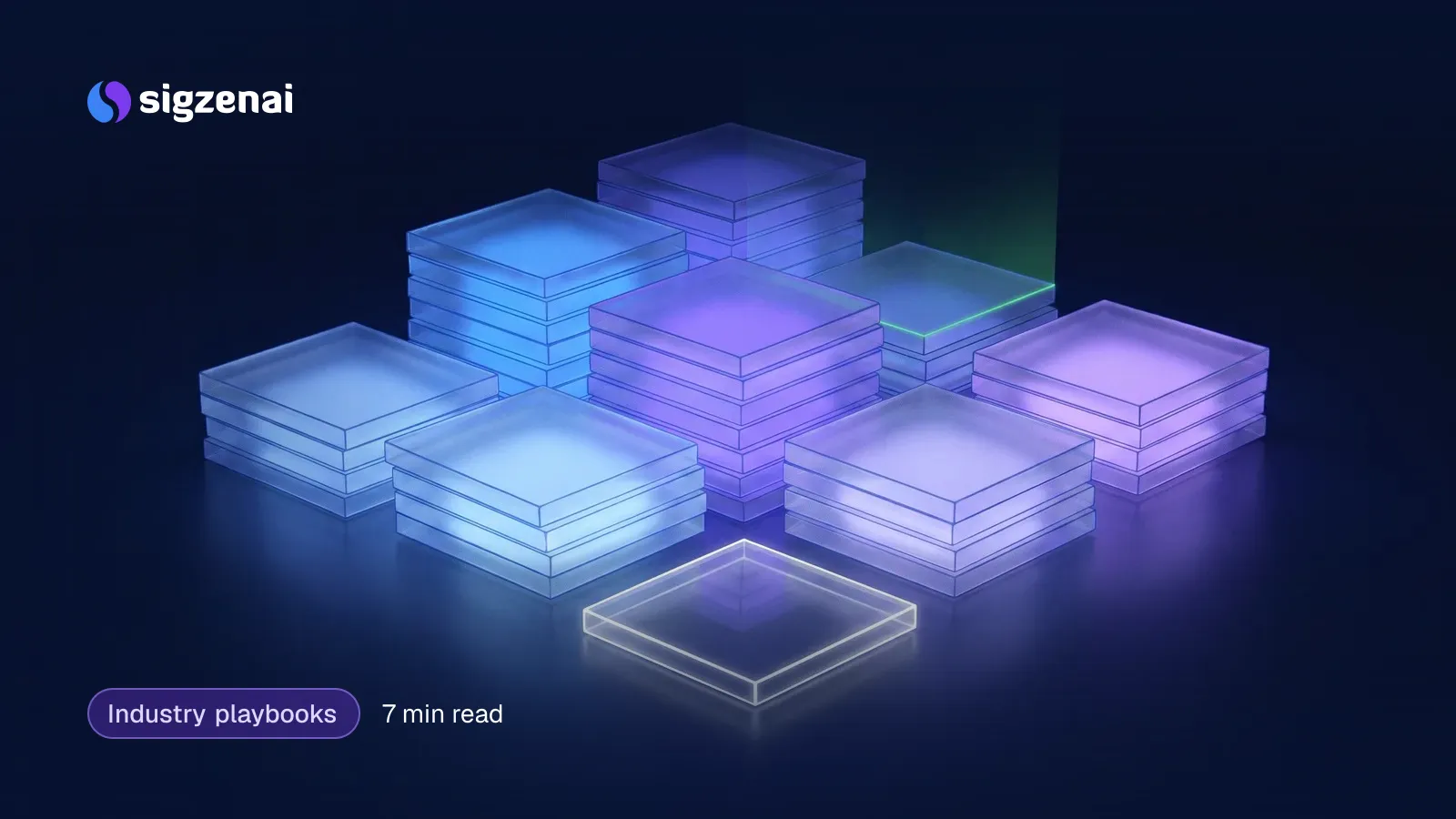 Industry playbooks, 7 min read — Stacked frosted glass tiles glowing blue-violet on a dark surface, with one clear tile sharply lit at the front.