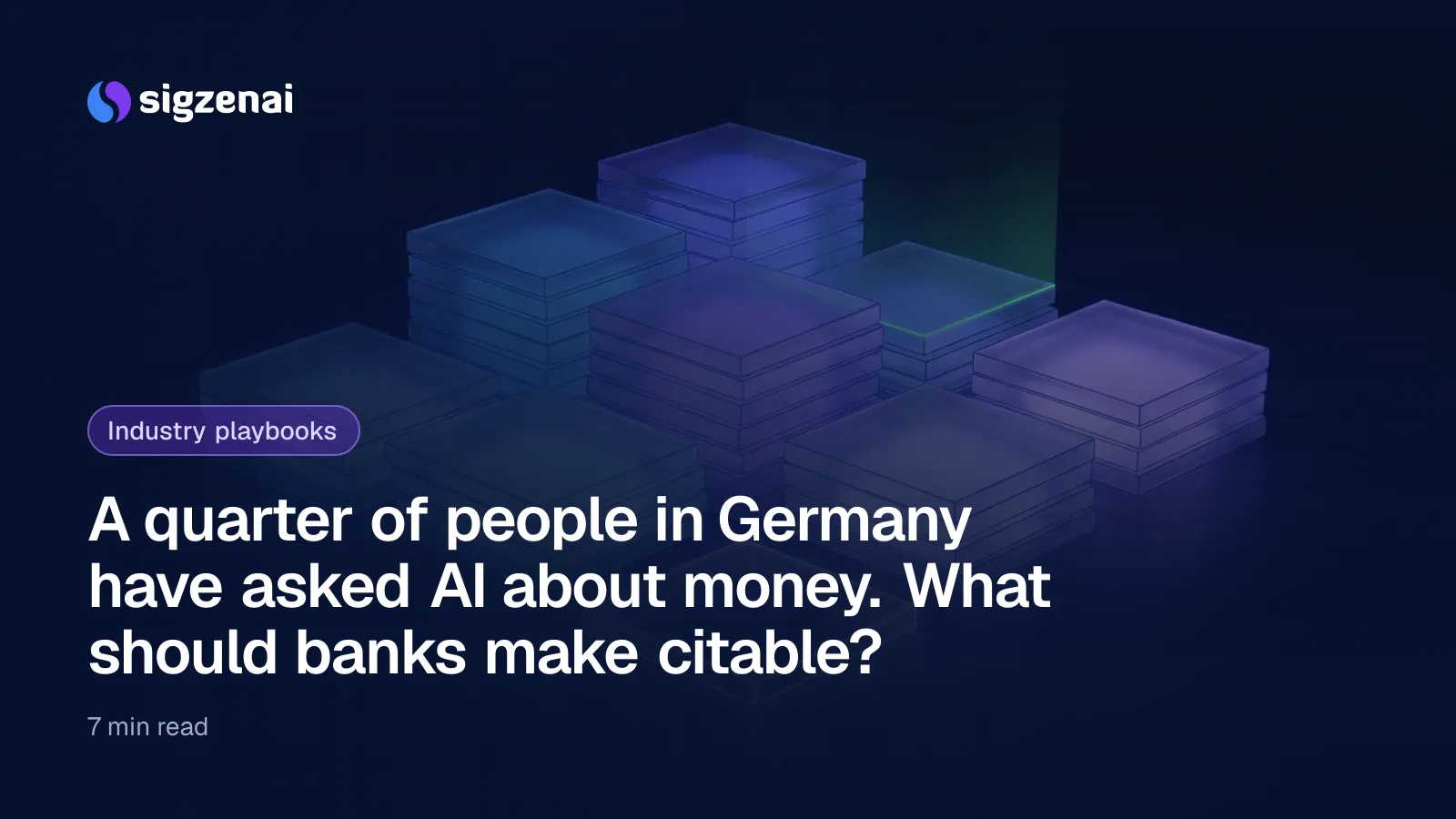 A quarter of people in Germany have asked AI about money. What should banks make citable? — Stacked frosted glass tiles glowing blue-violet on a dark surface, with one clear tile sharply lit at the front.