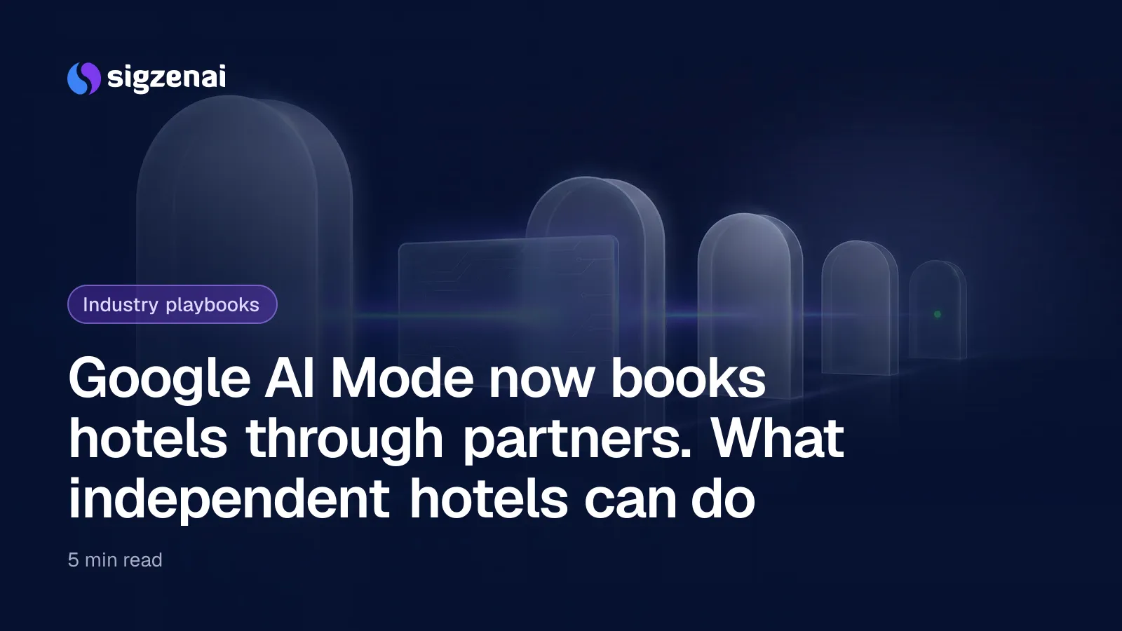 Google AI Mode now books hotels through partners. What independent hotels can do — A translucent glass key card floating above a dark surface, with blue-violet light passing through it towards a row of glowing doorways.