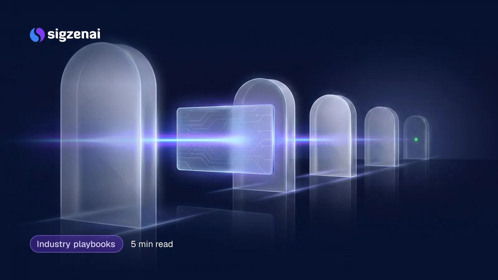 Industry playbooks, 5 min read — A translucent glass key card floating above a dark surface, with blue-violet light passing through it towards a row of glowing doorways.