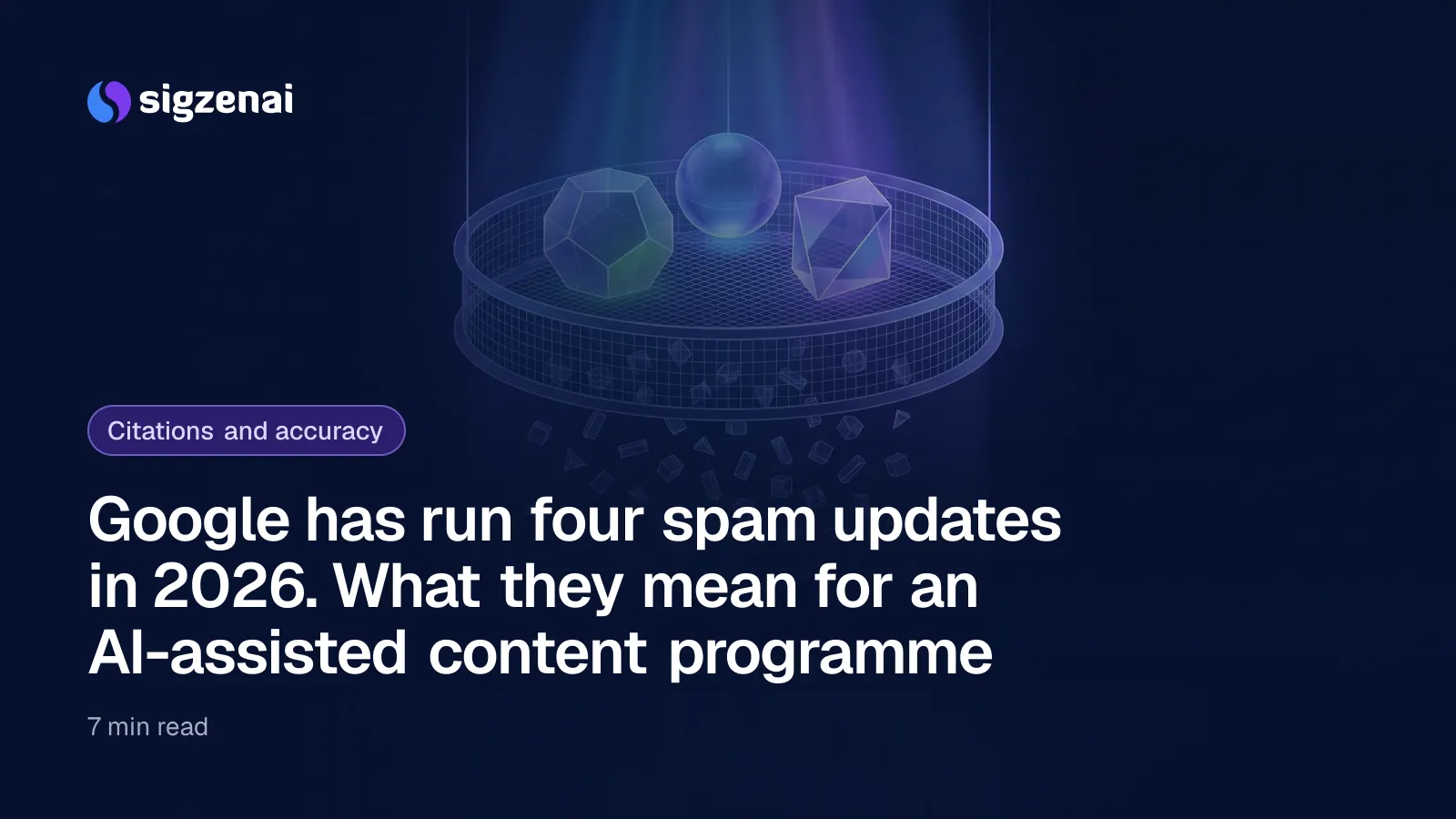 Google has run four spam updates in 2026. What they mean for an AI-assisted content programme — A glass sieve over a dark surface, small identical fragments falling through while a few distinct pieces rest lit on the mesh.