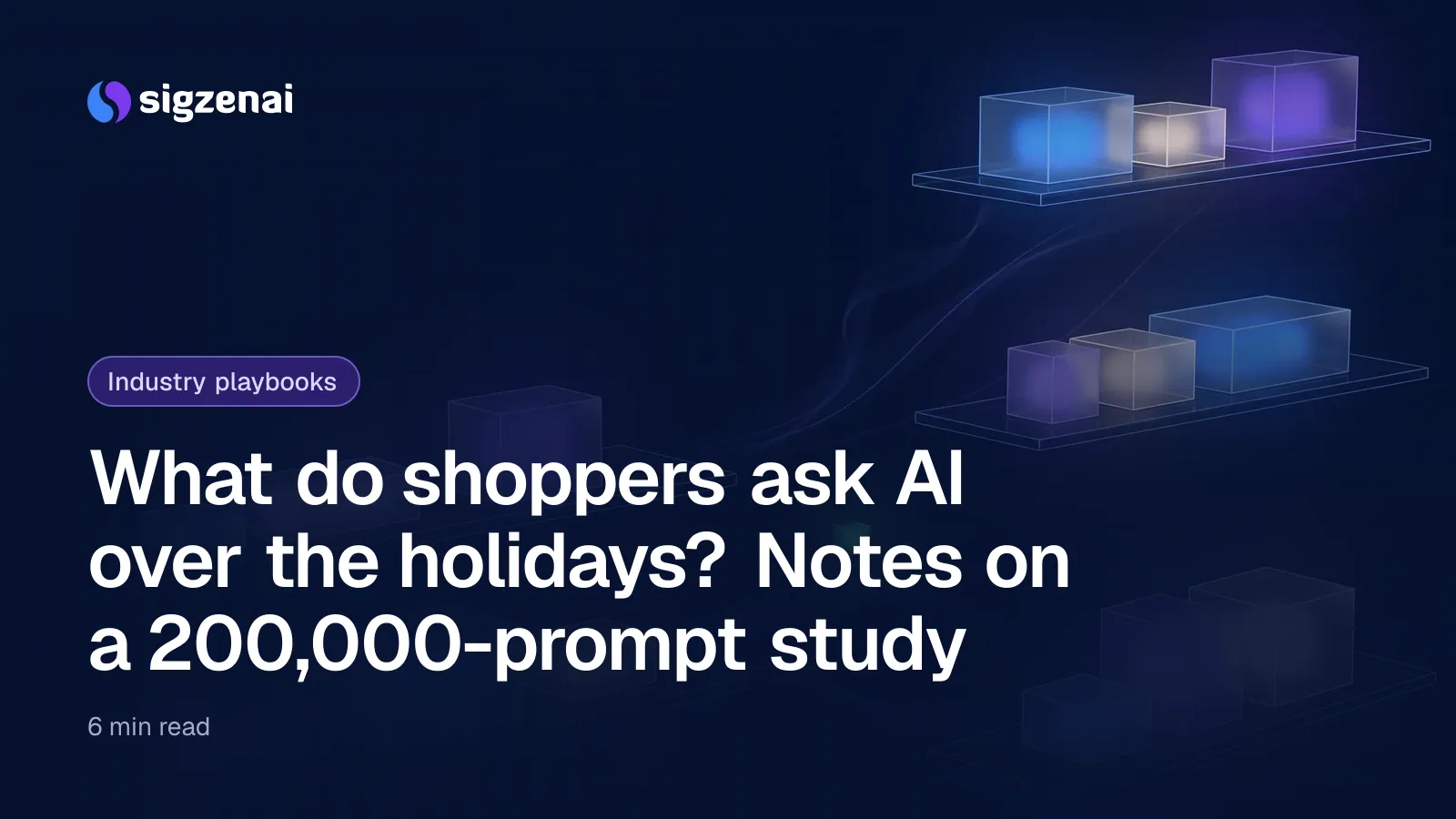 What do shoppers ask AI over the holidays? Notes on a 200,000-prompt study — Floating glass shelves holding softly glowing translucent boxes, a few lit warmly, with faint light trails drifting between them.