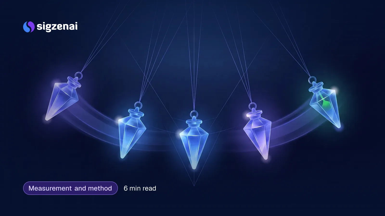Measurement and method, 6 min read — A row of glass pendulums in dark blue space, each caught at a different point in its swing with faint arcs of light behind it.