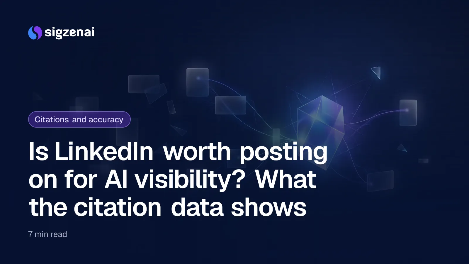 Is LinkedIn worth posting on for AI visibility? What the citation data shows — Small frosted glass cards floating in a dark space, a few linked by threads of light to a bright central prism while most stay dim.