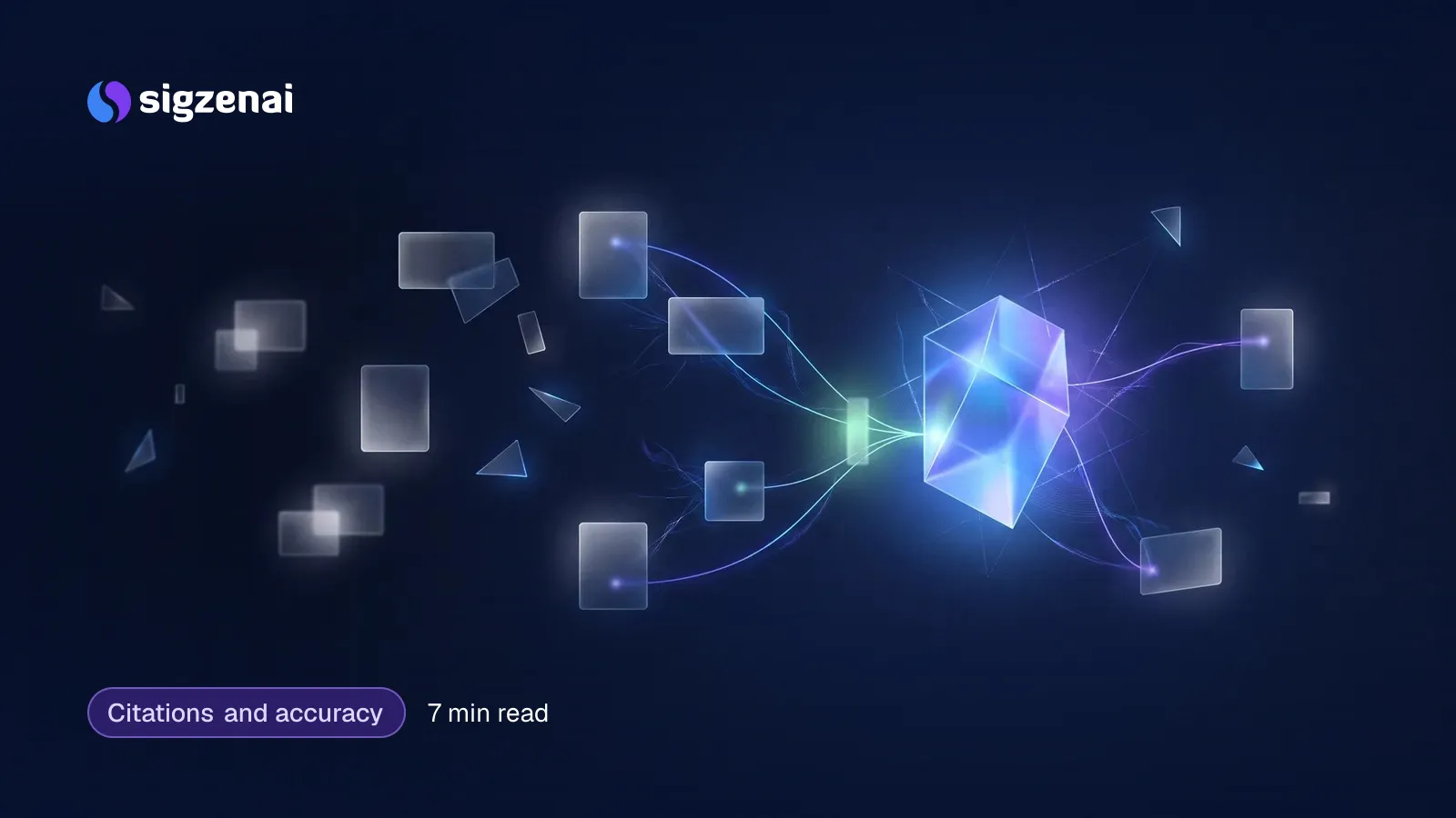 Citations and accuracy, 7 min read — Small frosted glass cards floating in a dark space, a few linked by threads of light to a bright central prism while most stay dim.