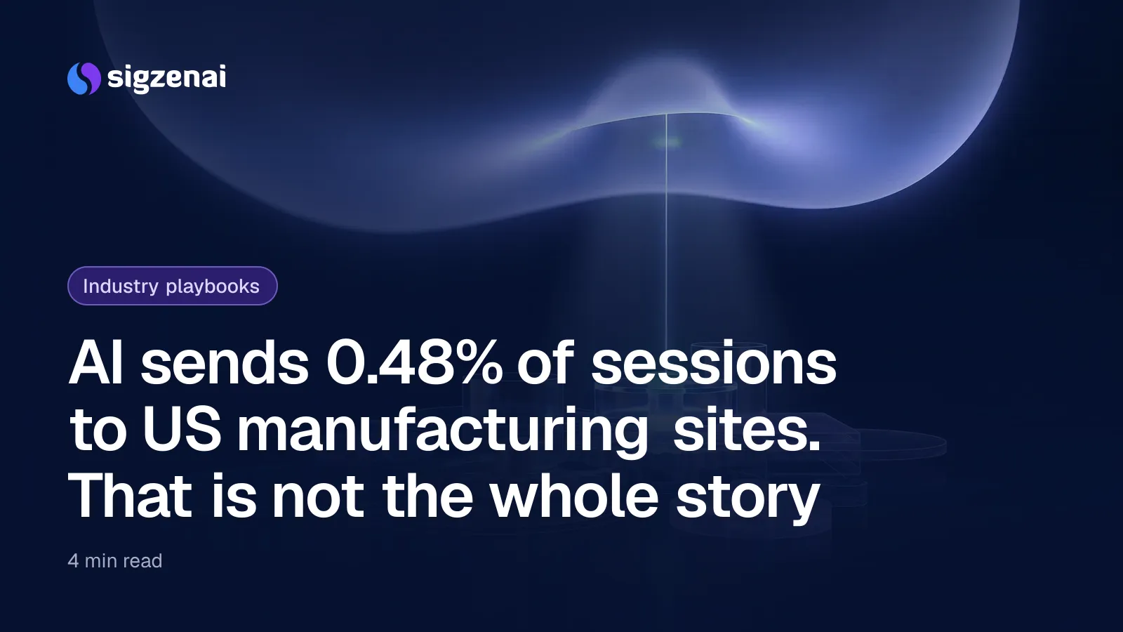 AI sends 0.48% of sessions to US manufacturing sites. That is not the whole story — Machined metal and glass forms beneath a wide translucent canopy of blue-violet light, with one thin beam reaching through to a single part.