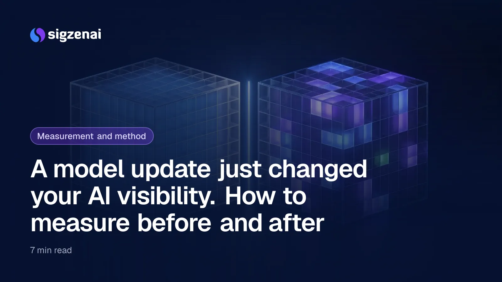 A model update just changed your AI visibility. How to measure before and after — Two matching glass grids separated by a seam of light, the right one lit in a shifted pattern of brighter and darker cells.