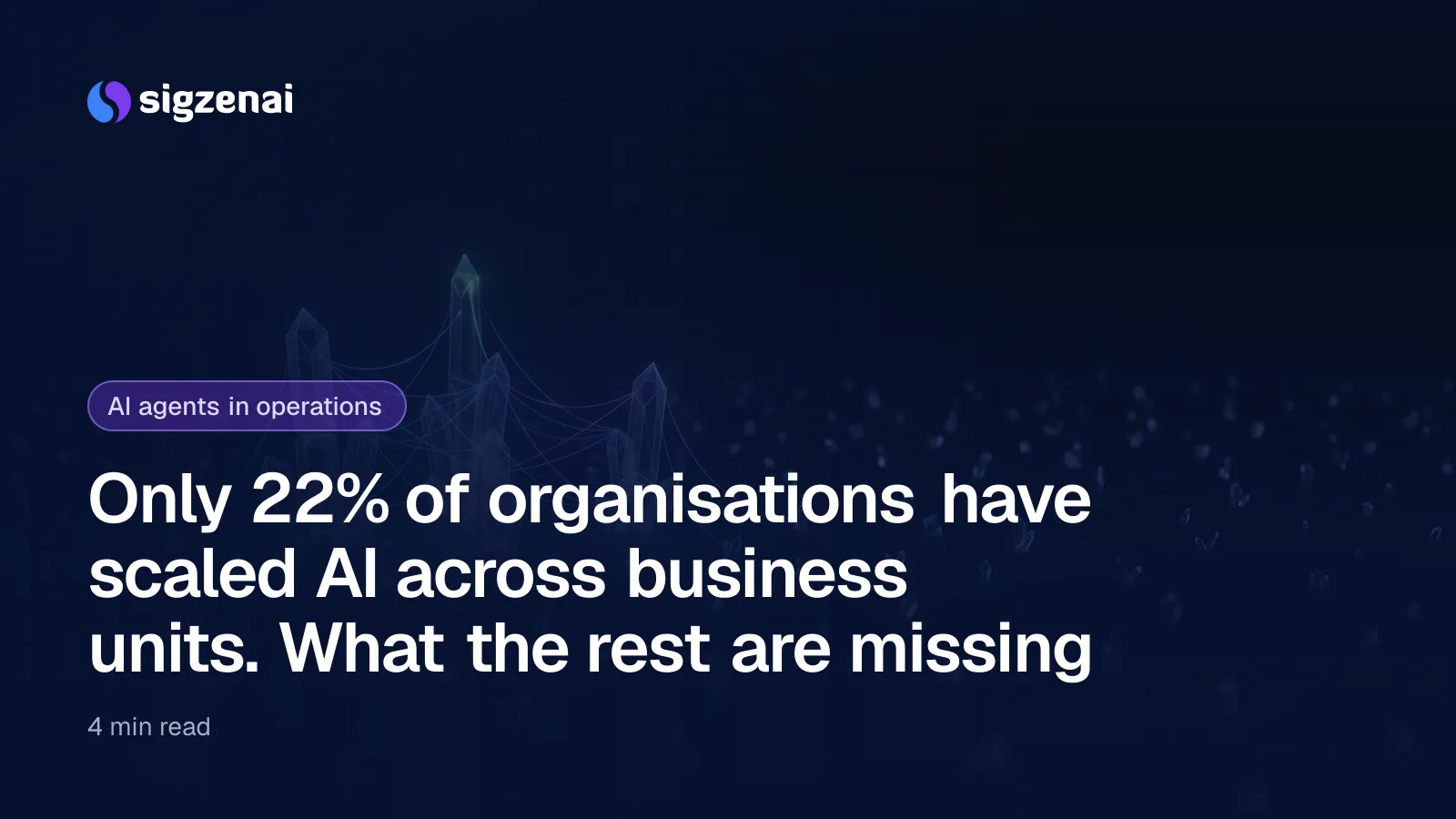 Only 22% of organisations have scaled AI across business units. What the rest are missing — A dark plane of many small dim crystal sprouts, with a few grown tall and linked by fine threads of blue-violet light.
