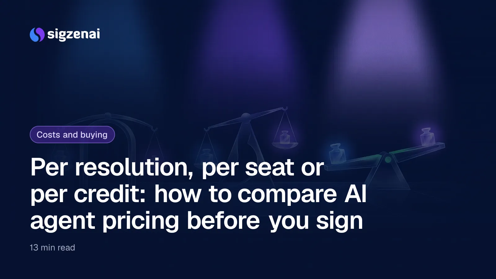 Per resolution, per seat or per credit: how to compare AI agent pricing before you sign — Three glass balance scales of different shapes holding small glowing weights on a dark surface.