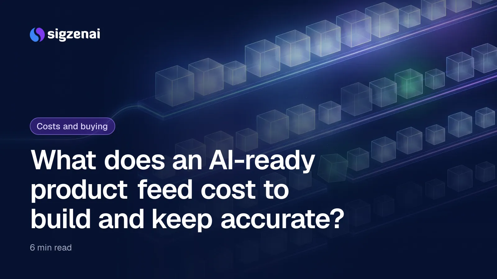 What does an AI-ready product feed cost to build and keep accurate? — Rows of small glass boxes sit on floating shelves of light, most evenly lit and a few dim or out of line, fed by a thin stream of light.