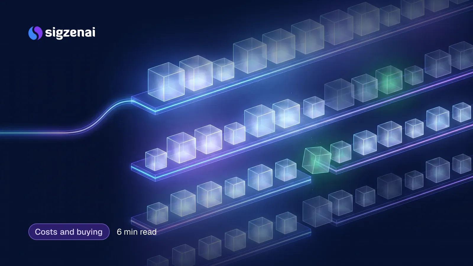 Costs and buying, 6 min read — Rows of small glass boxes sit on floating shelves of light, most evenly lit and a few dim or out of line, fed by a thin stream of light.