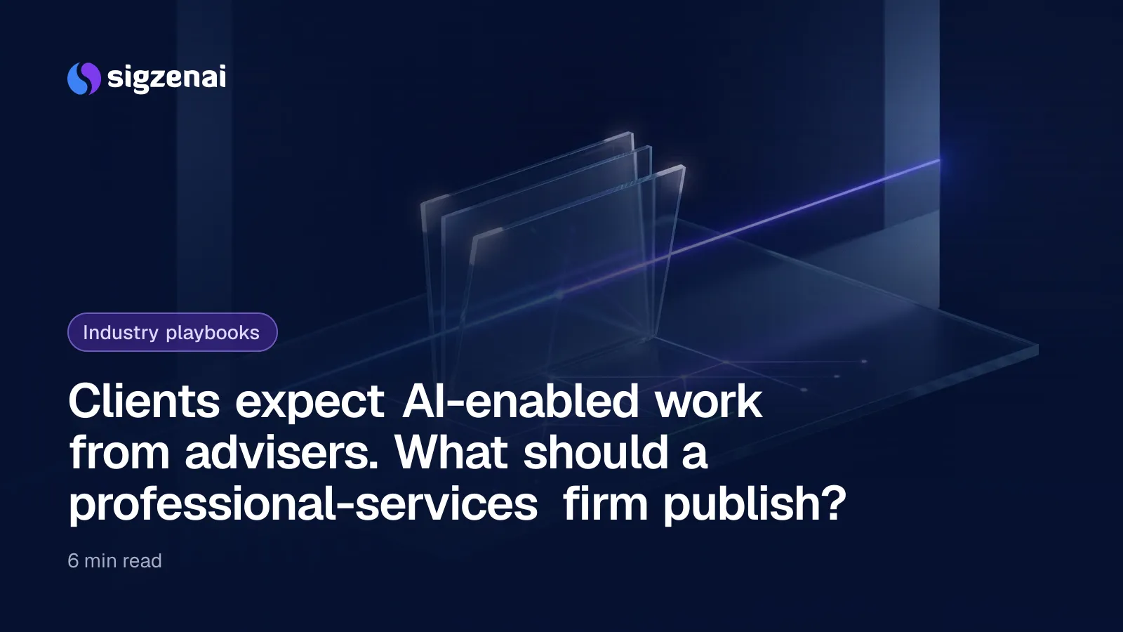 Clients expect AI-enabled work from advisers. What should a professional-services firm publish? — A translucent glass portfolio on a dark desk, with a beam of blue-violet light passing through it.