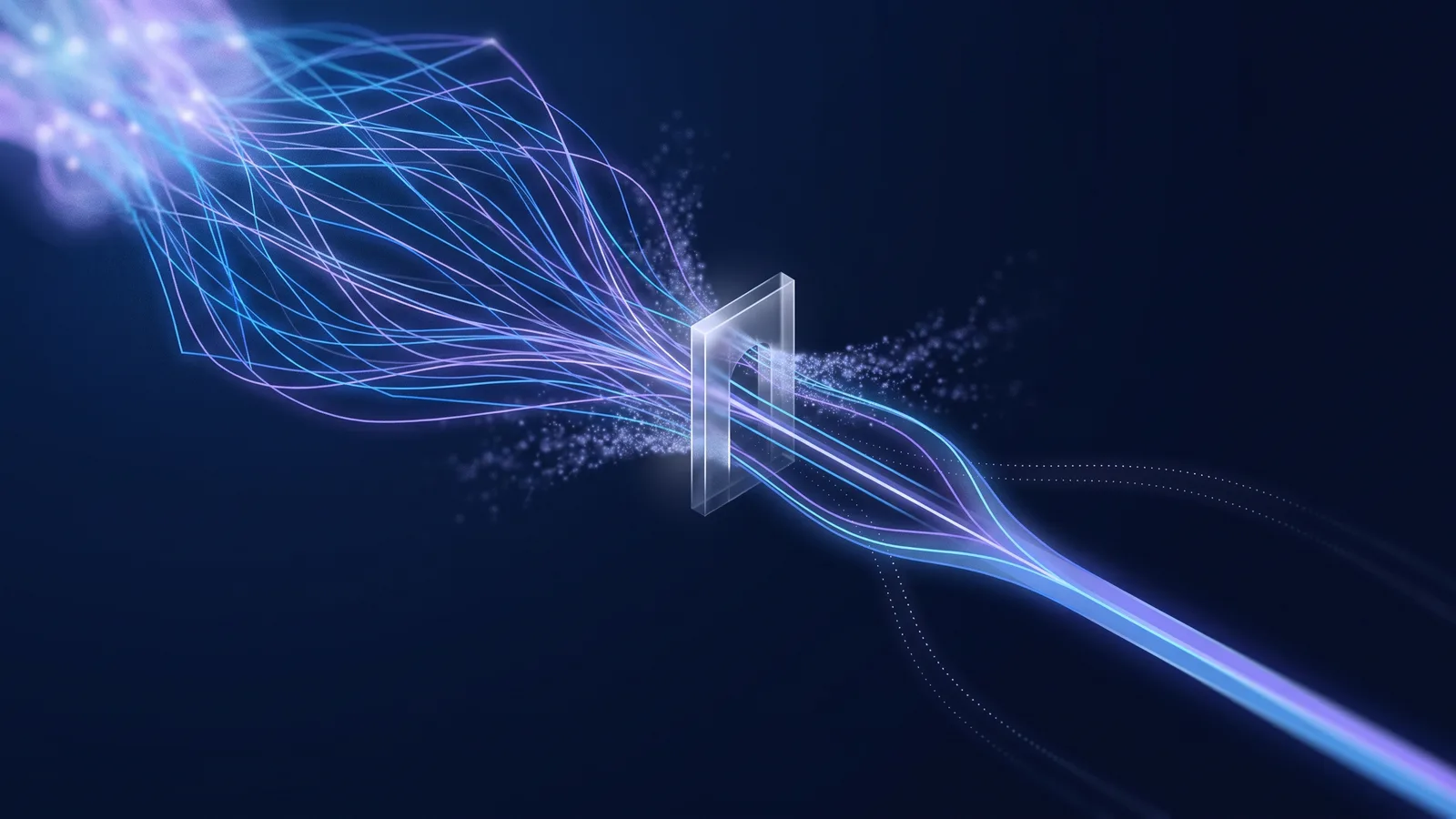 Glowing blue and violet threads narrow through a translucent gate and converge into a band of light on a dark background, with faint dotted paths rejoining from below.