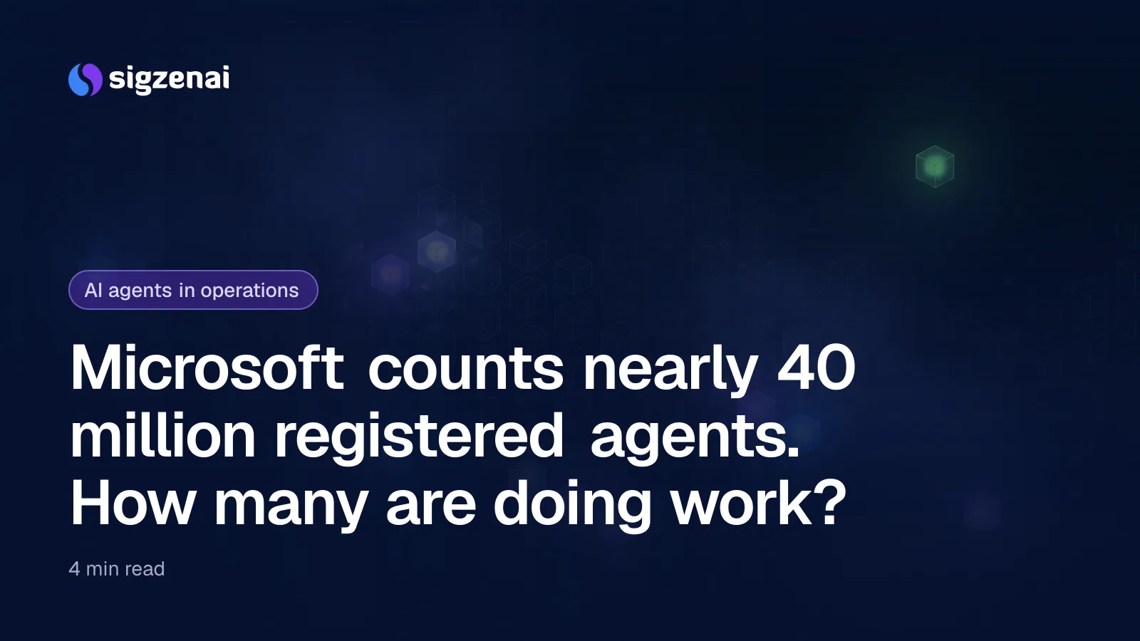 Microsoft counts nearly 40 million registered agents. How many are doing work? — A vast grid of small glass cubes receding into darkness, most of them dim, with a scattered few glowing blue-violet.