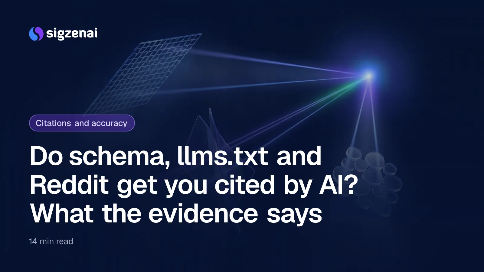 Do schema, llms.txt and Reddit get you cited by AI? What the evidence says — Three translucent glass forms float in a dark blue space while thin beams of light pass through them toward one bright point.