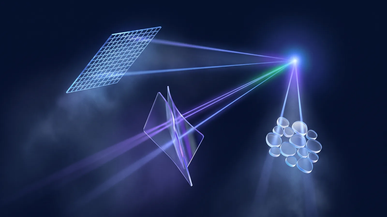 Three translucent glass forms float in a dark blue space while thin beams of light pass through them toward one bright point.