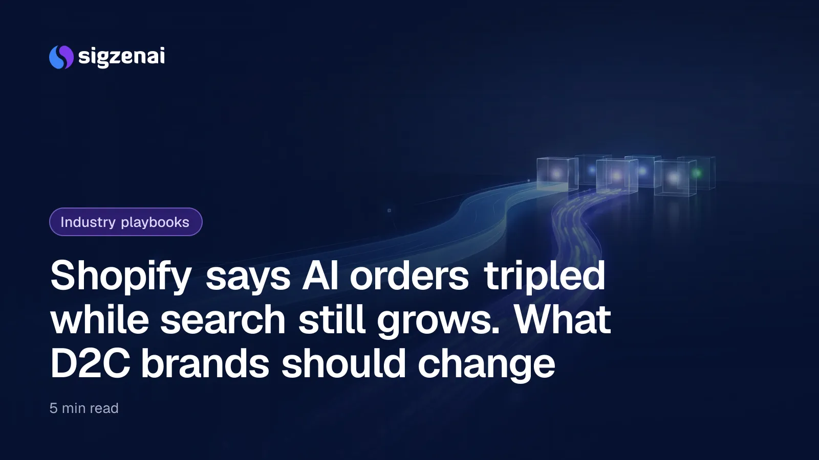 Shopify says AI orders tripled while search still grows. What D2C brands should change — Two streams of blue and violet light flow side by side across a dark plain toward a row of small glowing glass boxes, the narrower stream brightening as it goes.