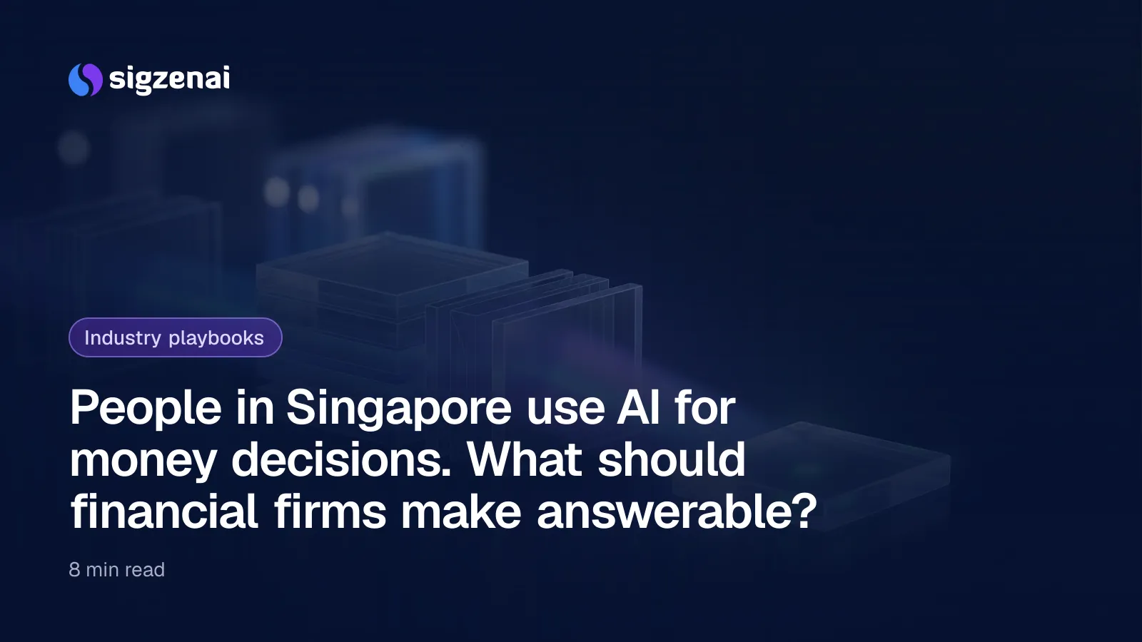 People in Singapore use AI for money decisions. What should financial firms make answerable? — Stacked translucent glass tiles on a dark surface, with a blue-violet beam passing through them and lighting one clear tile at the front.
