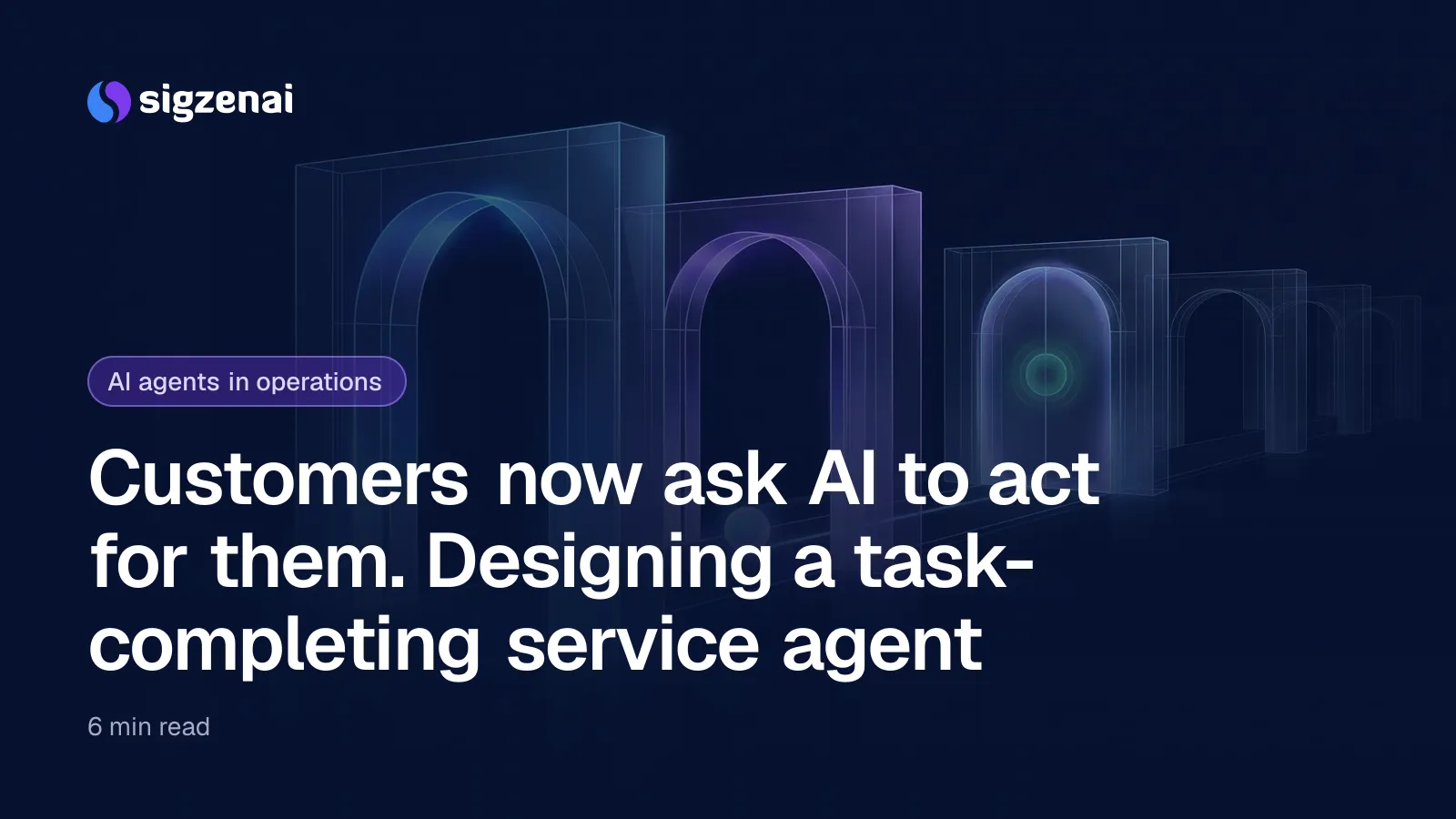 Customers now ask AI to act for them. Designing a task-completing service agent — A small orb of light moving along a track through open glass gates toward a closed, softly glowing gate.