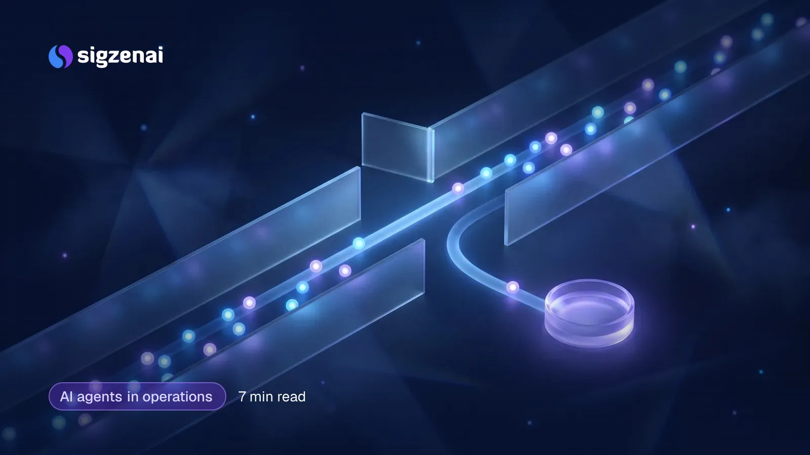 AI agents in operations, 7 min read — Small spheres of light moving along a bounded glass path, with one guided through a side gate toward a softly lit violet basin.
