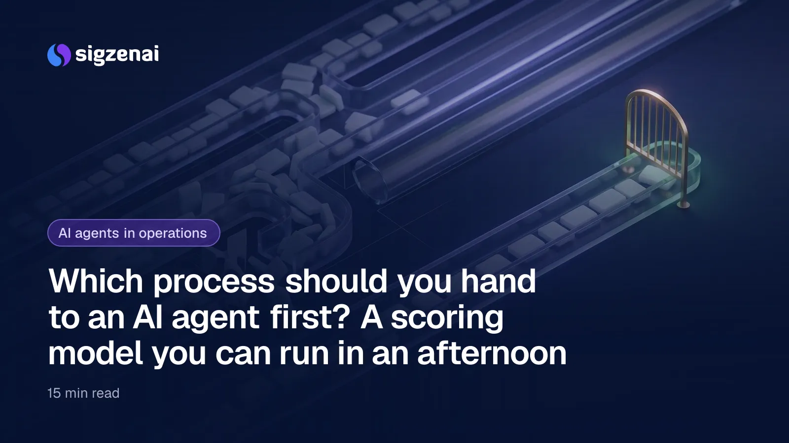 Which process should you hand to an AI agent first? A scoring model you can run in an afternoon — Five glass channels carry streams of pale tiles across a dark surface, and only the clearest one flows smoothly toward a softly lit gate.