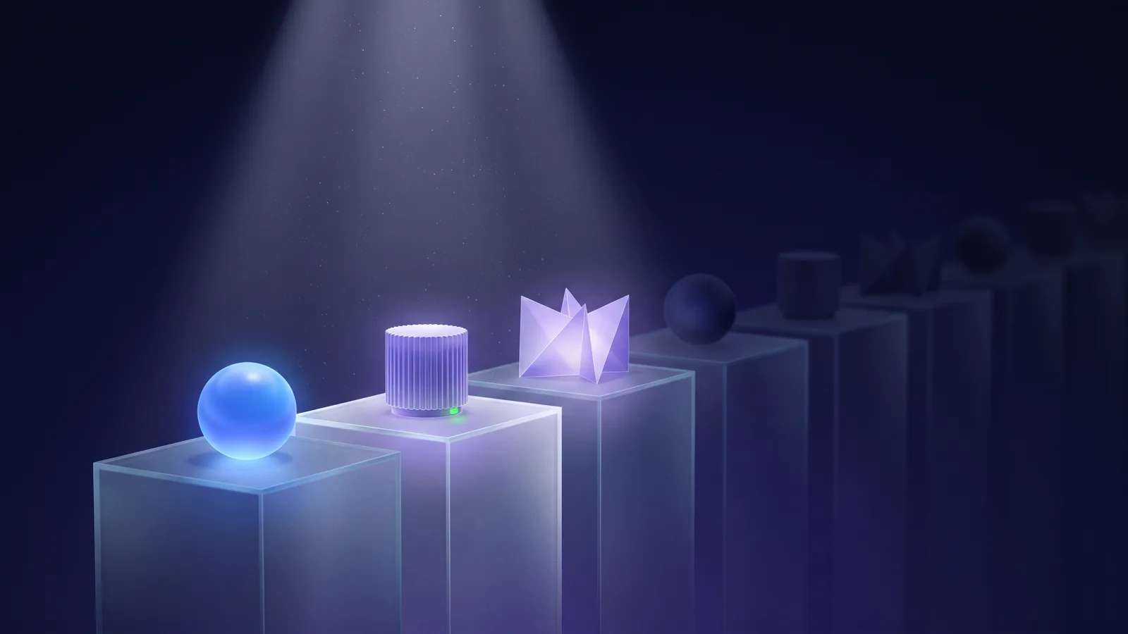 A row of glass plinths in a dark gallery, where a single beam of light picks out three small objects while the rest of the shelf stays in shadow.