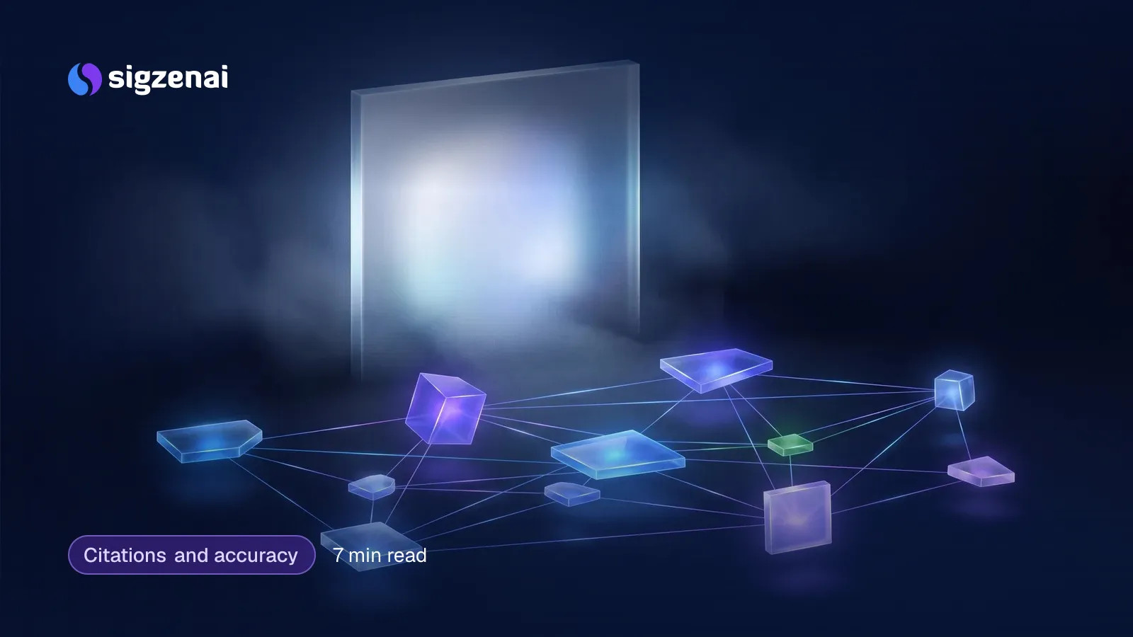 Citations and accuracy, 7 min read — A tall frosted glass slab glows in the background while a network of smaller lit glass tiles, joined by fine threads of light, floats in the foreground.
