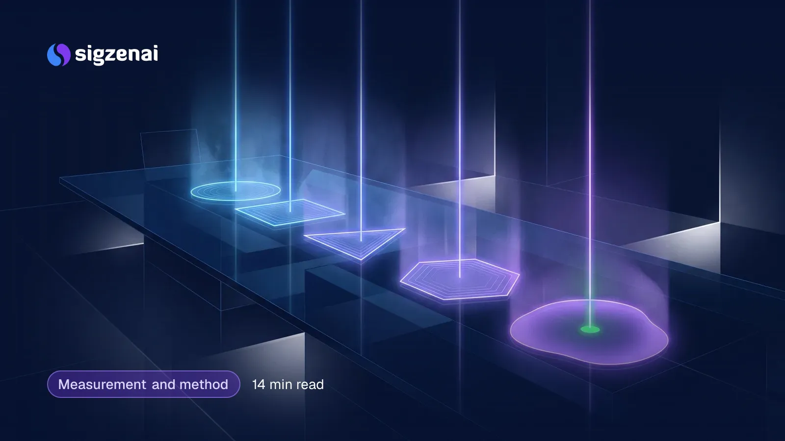 Measurement and method, 14 min read — Five beams of blue and violet light fall on a dark glass table, four of their pools lining up in a neat row toward the far end.