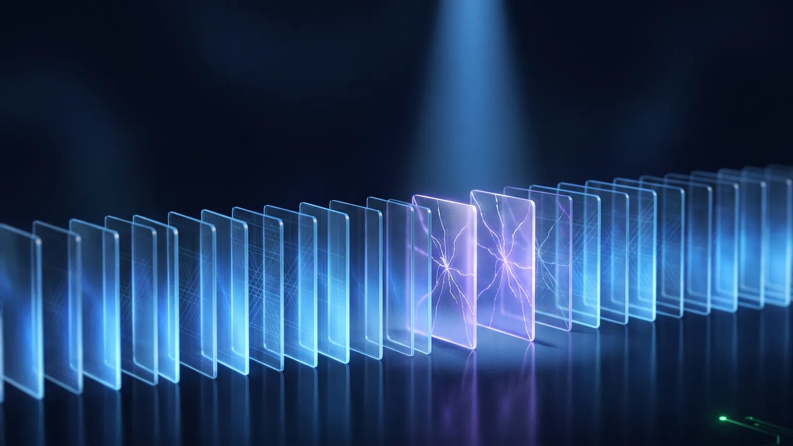 A row of translucent glass cards on a dark surface, most lit evenly in cool blue, two with a faint violet fracture running through them, under a narrow beam of light.