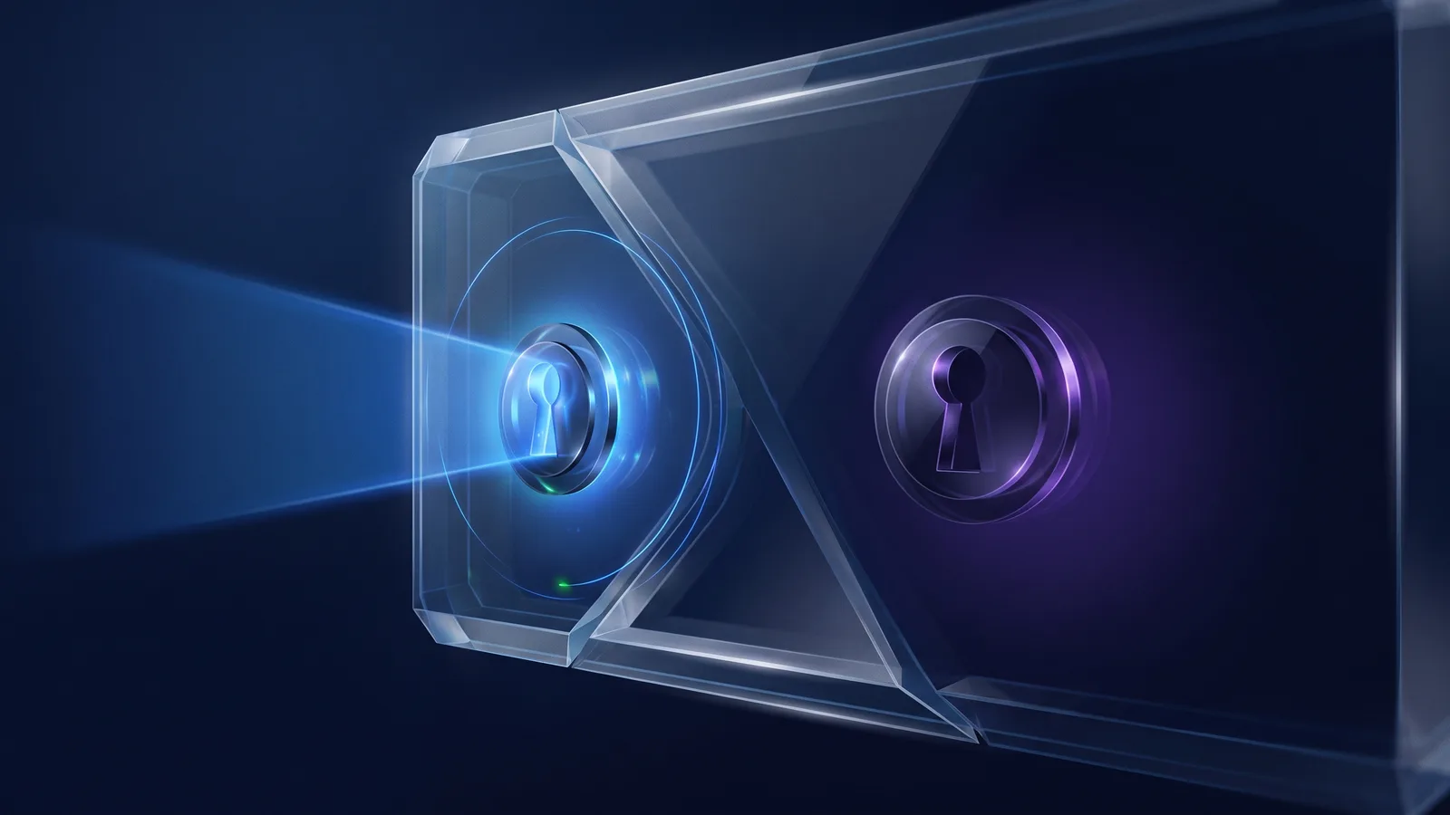 A heavy translucent glass vault door seen at an angle, with two separate keyholes: one glowing blue where a beam reaches it, the other waiting unlit in violet shadow.