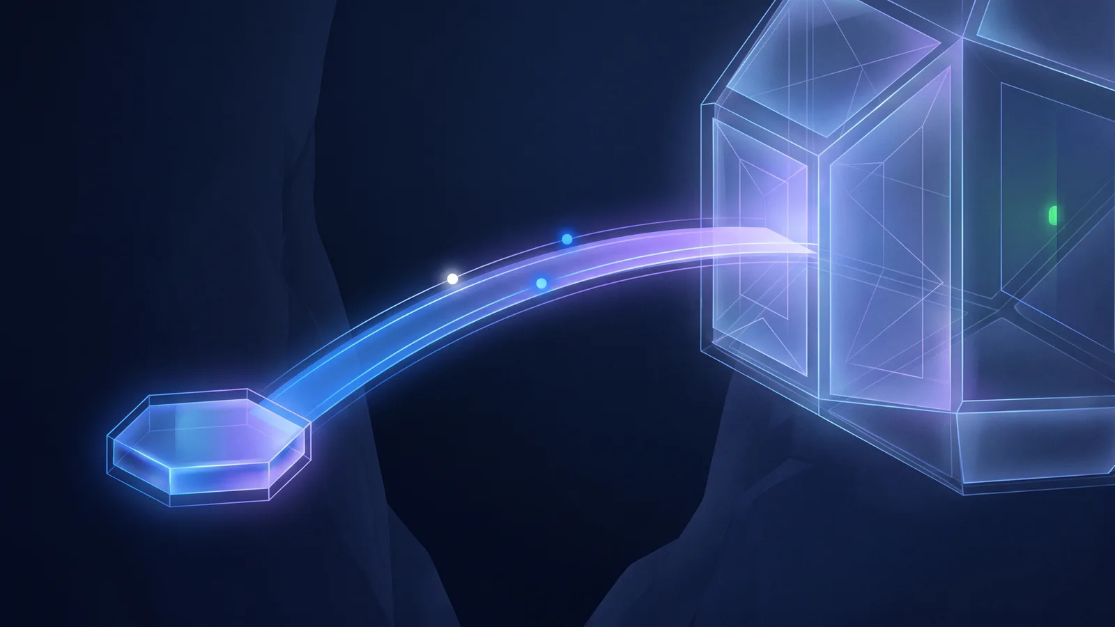 A narrow bridge of blue light spans a dark gap between a small glowing platform and a larger structure of translucent glass panels, with a few points of light moving across it.