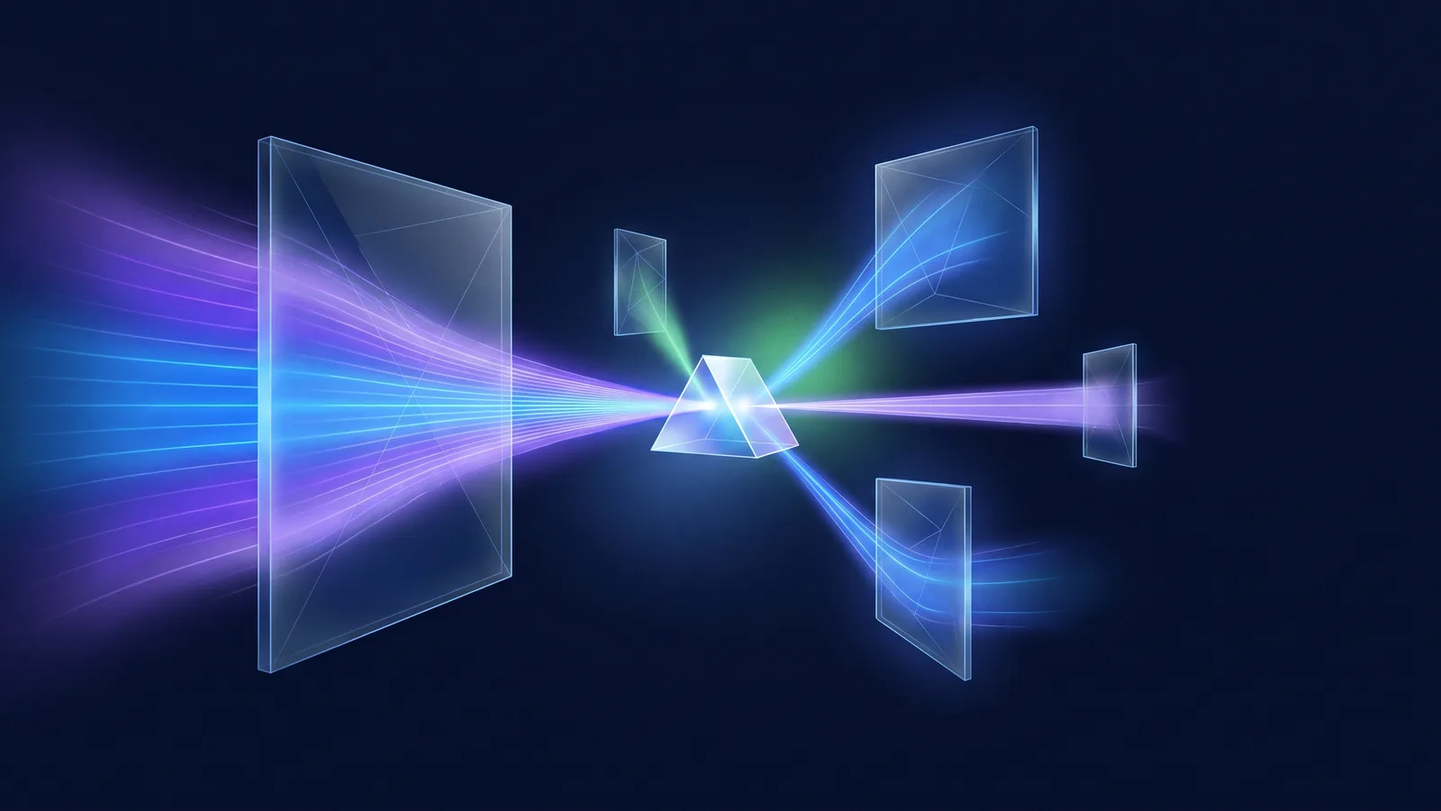 Streams of light from several glass panels of different sizes converging on one bright central prism on a dark night-blue surface, with one large panel drawing in more light than the rest.
