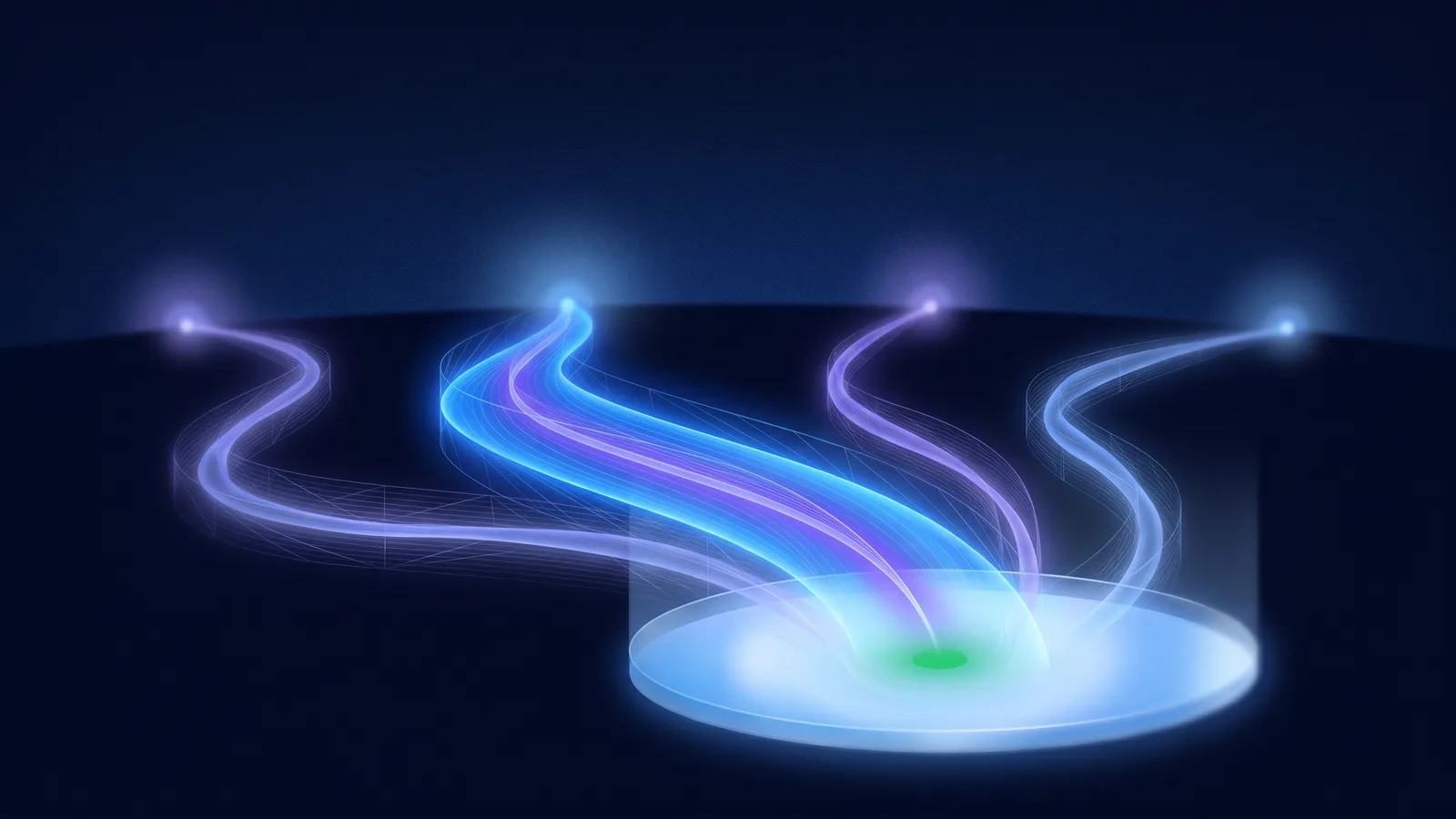 Four streams of blue and violet light of different widths flowing from separate points on a dark horizon and converging into one bright pool in the foreground.