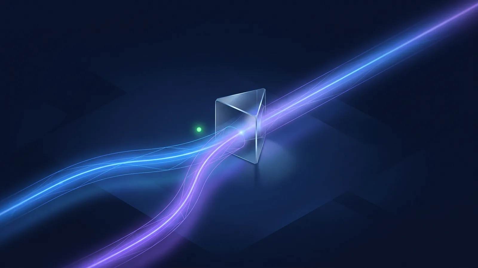 Two streams of soft blue light meeting at a glass relay point on a dark surface, one stream passing smoothly into the other without a break.