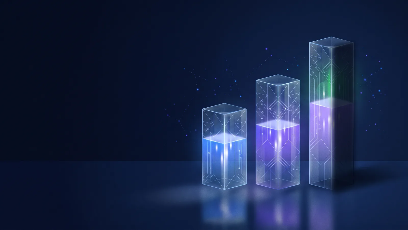 Three glass columns of rising height on a dark blue surface, each lit from inside by a band of blue-violet light, with the tallest partly in shadow.