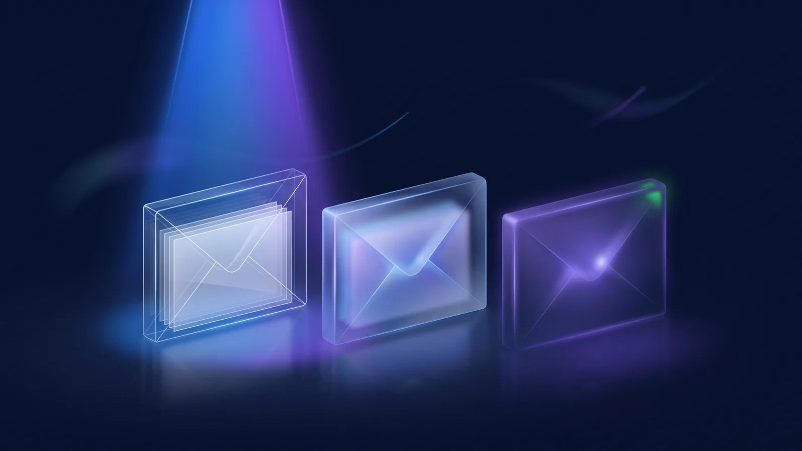 Three sealed glass envelopes of different clarity resting on a dark surface, lit from above by a narrow beam of blue-violet light; one is fully transparent, revealing a neat stack of pale sheets inside.