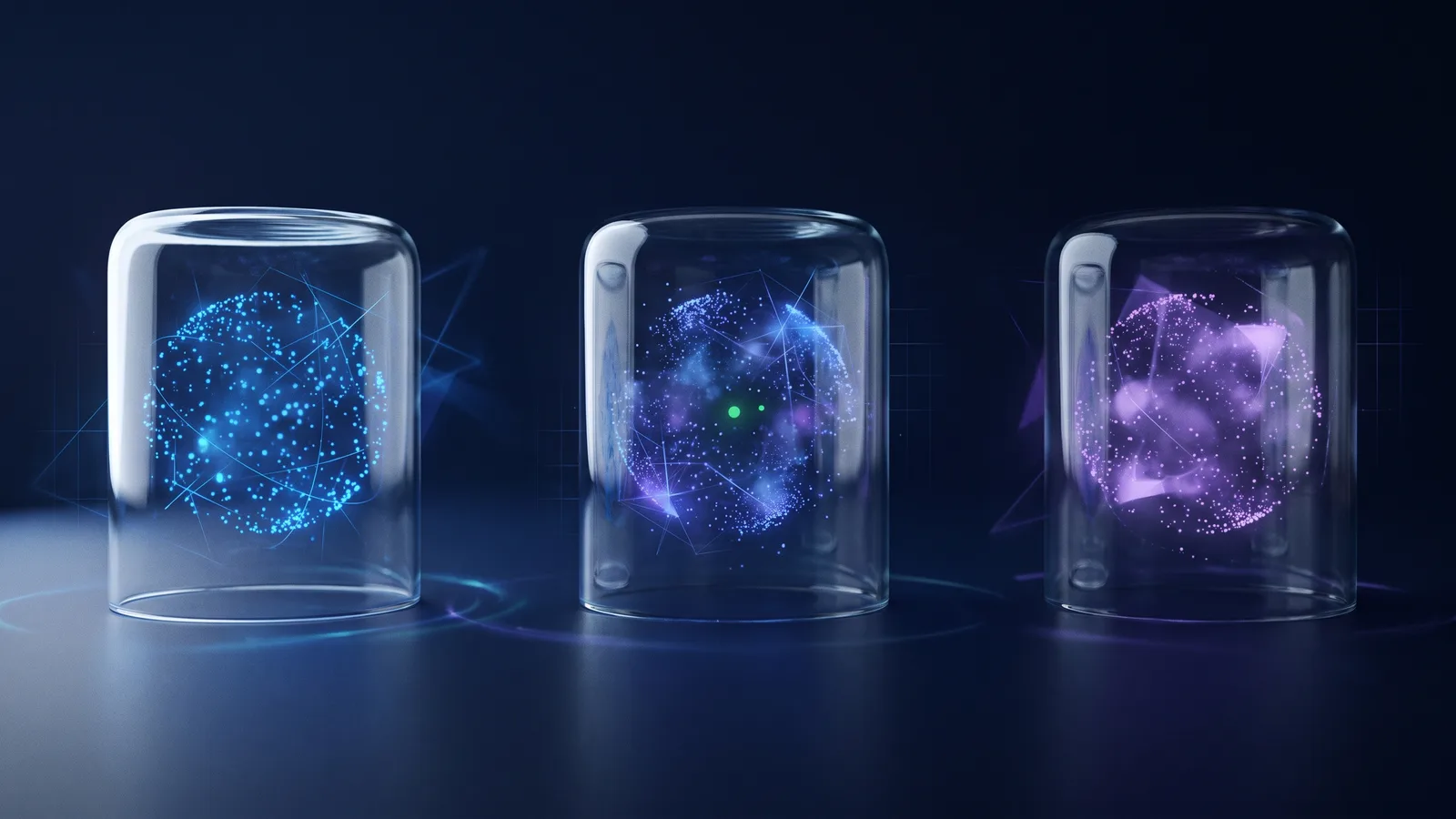 Three glass bell jars on a dark reflective surface, each holding its own small cloud of glowing particles in a slightly different shade of blue or violet.