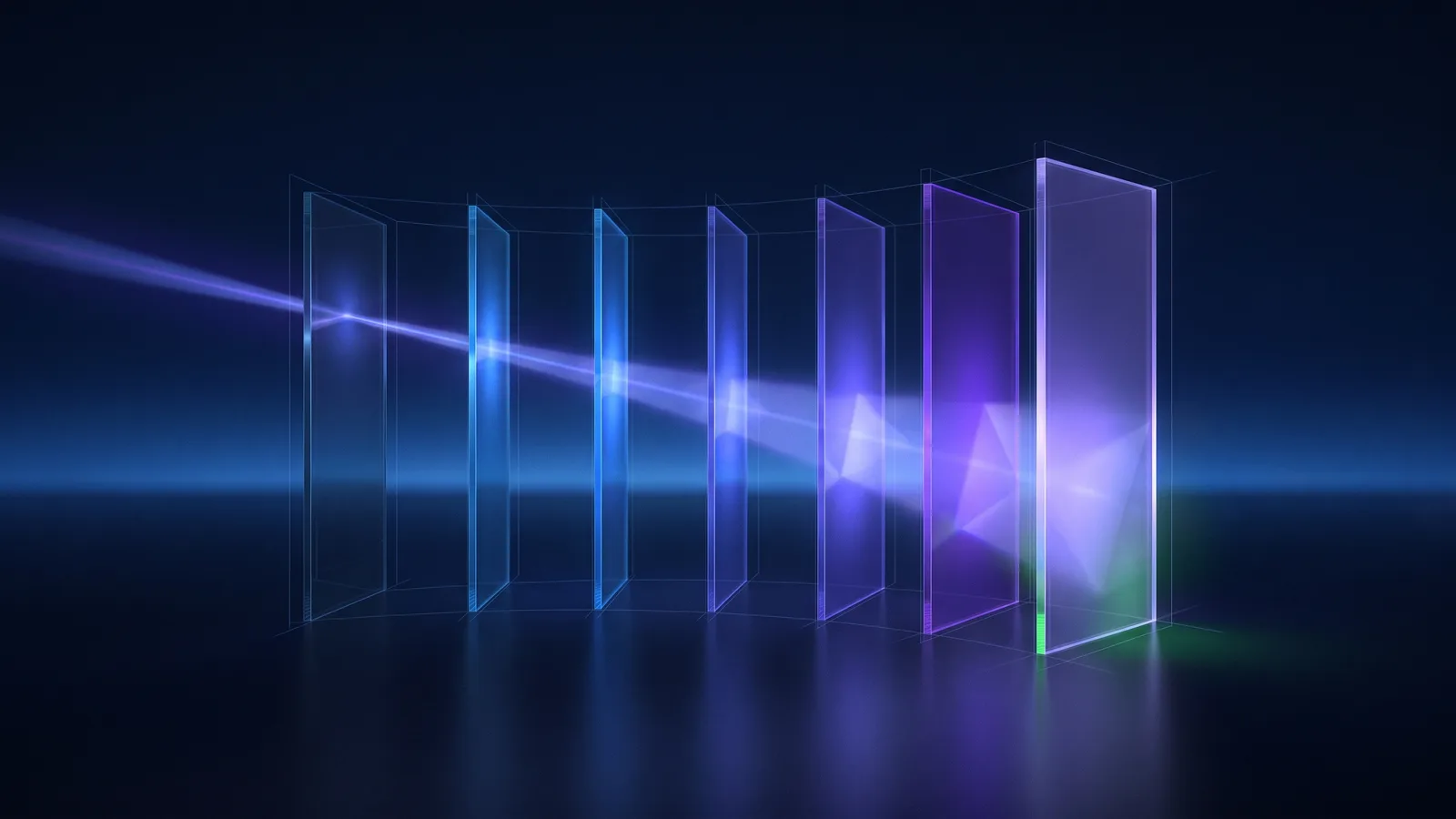 Seven slim panes of tinted glass standing in a loose arc on a dark surface, each lit from within, with one beam of blue-violet light passing through all of them.