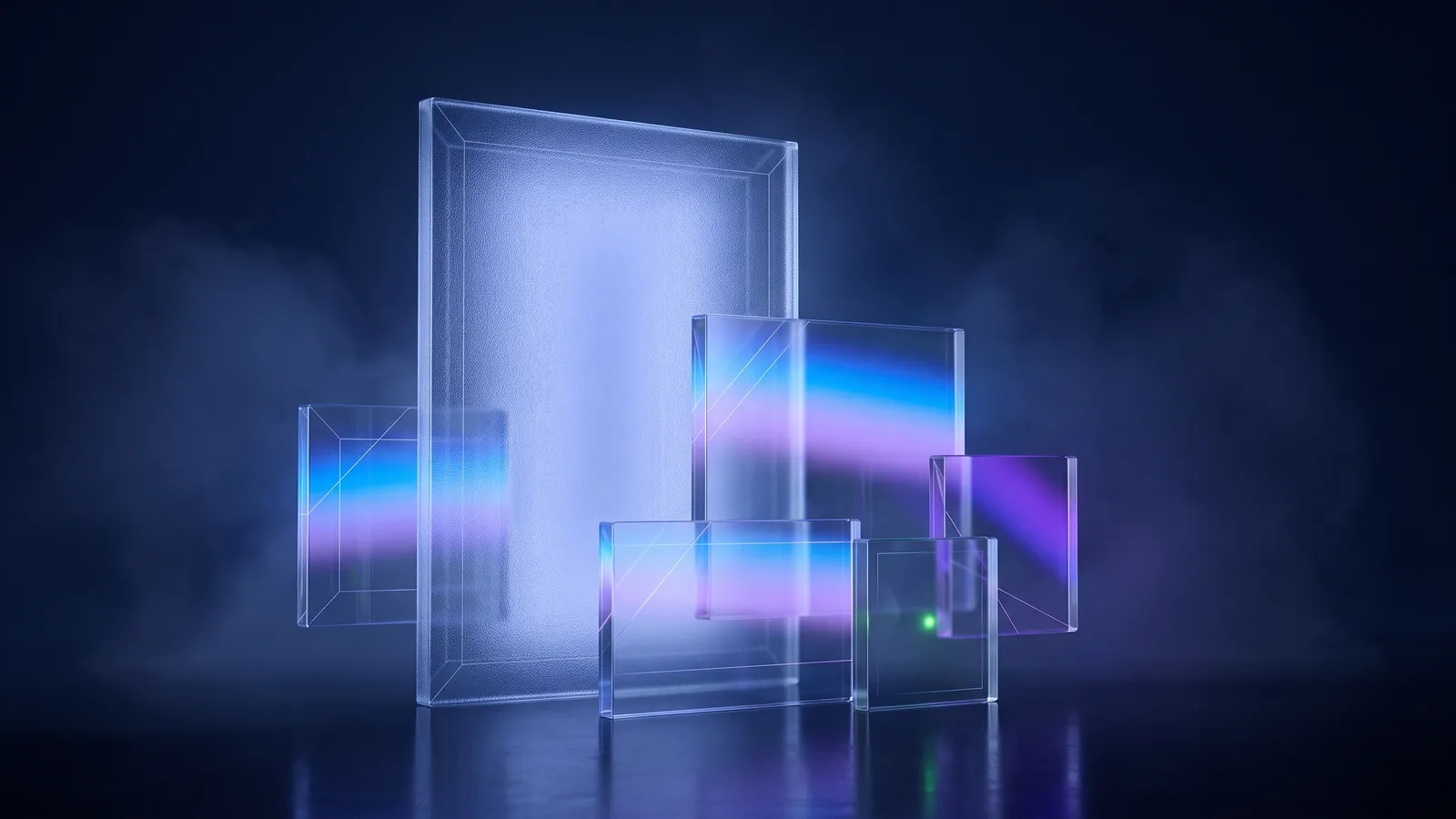 A tall pane of frosted glass in night blue, lit from behind, with several smaller glass tiles arranged in front of it, each catching a different band of blue-violet light.