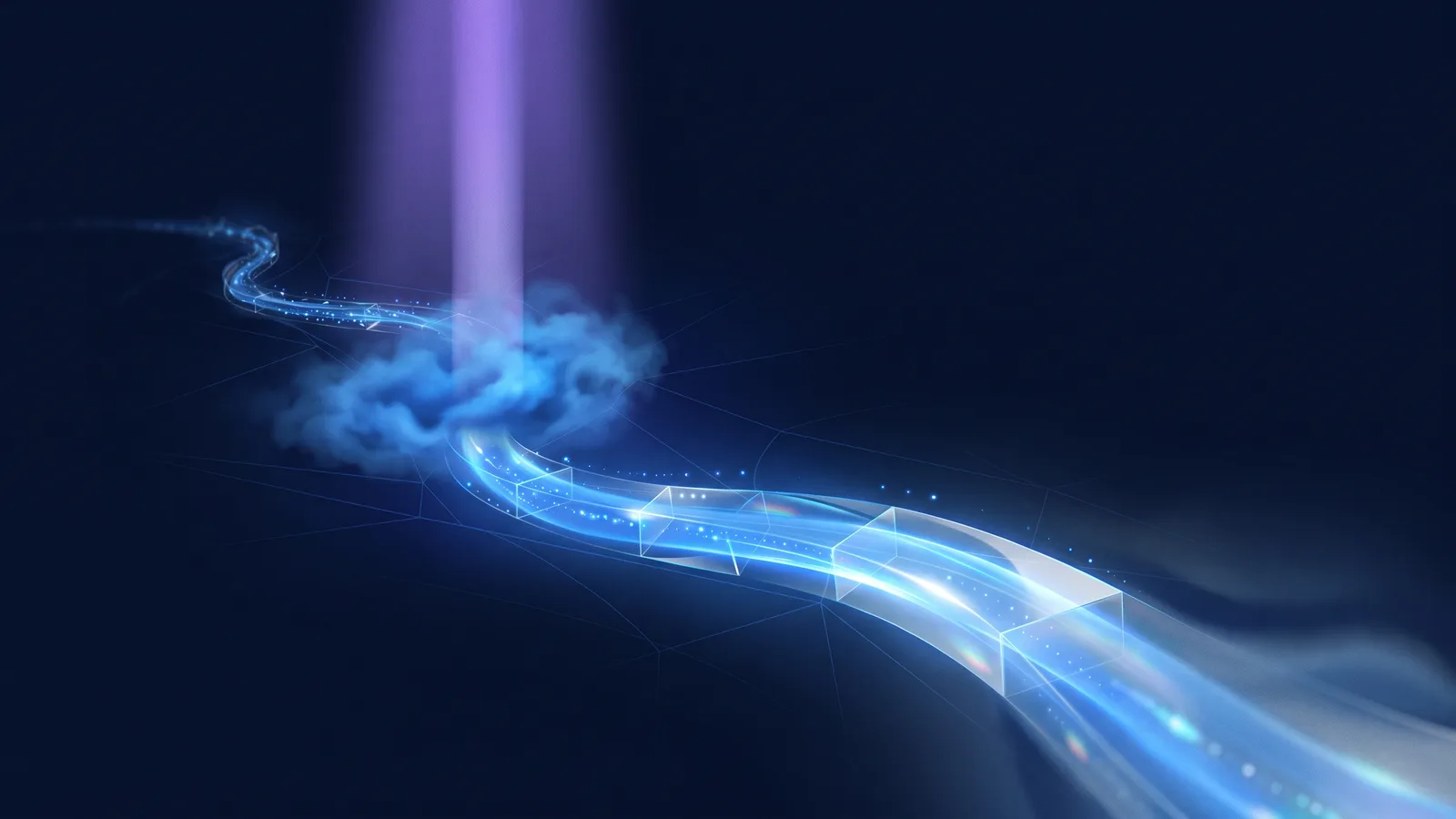 A calm stream of luminous water flowing from a small spring toward the viewer, with a soft beam clearing one clouded patch near the source and the water below it running bright.