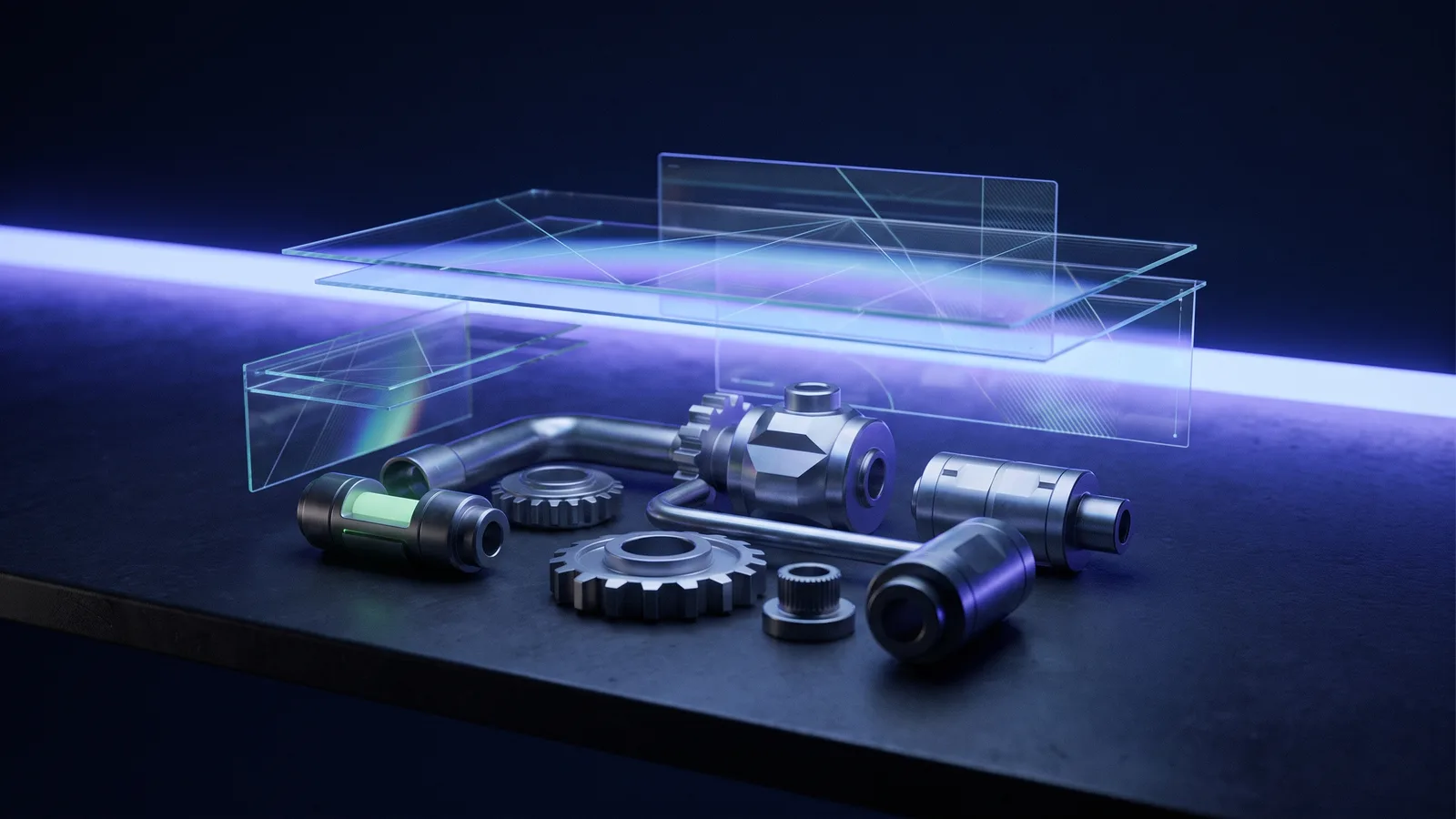 Precision-machined metal components arranged on a dark workbench under a band of cool blue light, with faint glass panels suggesting layered data above them.