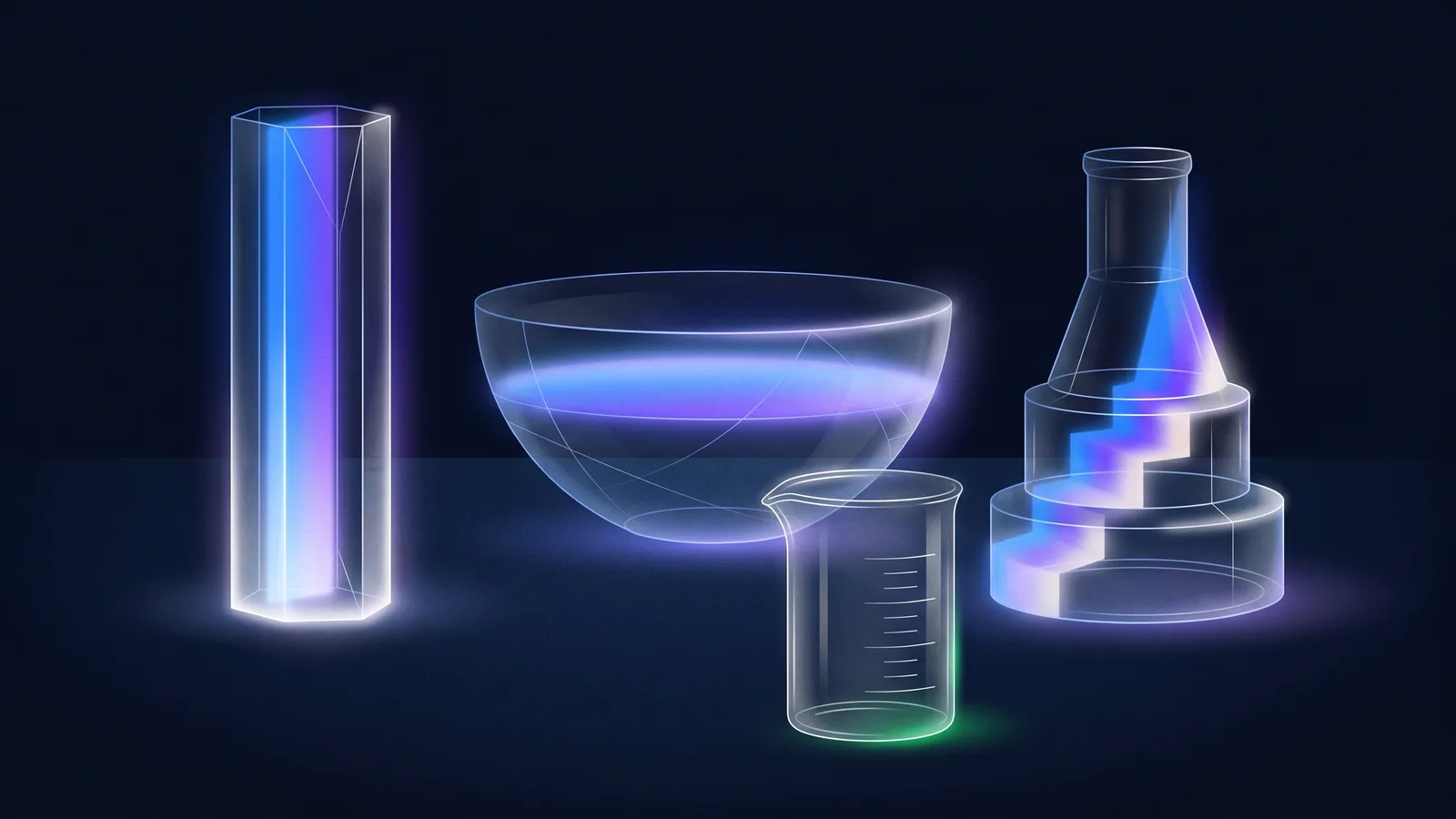 Three glass vessels of different shapes on a dark surface, each catching a band of blue-violet light, with a single clear measuring vessel in front of them.