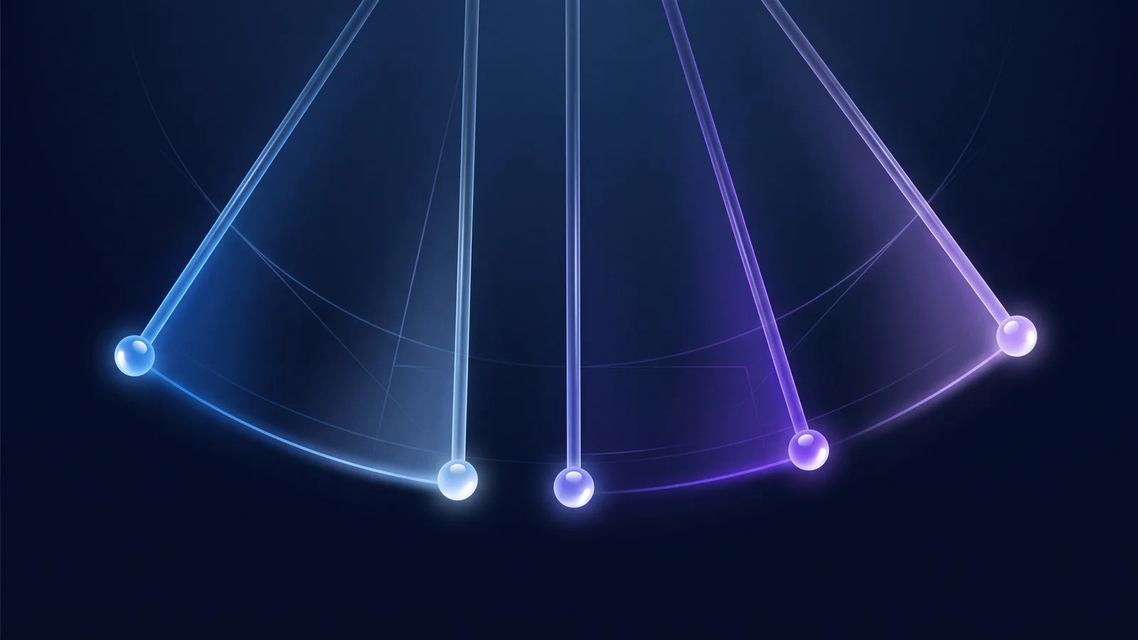 Five slender translucent pendulums in a row against a night-blue field, each tipped with a glowing bead and caught mid-swing leaning the same way, with faint arcs trailing behind them.