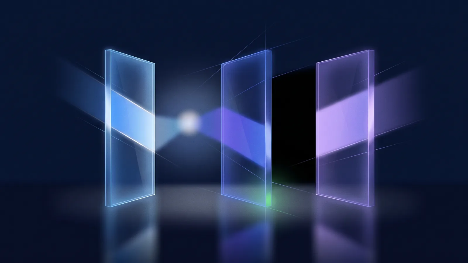 Three glass panes set at different angles on a dark surface, each catching a different band of blue and violet light from the same distant source.