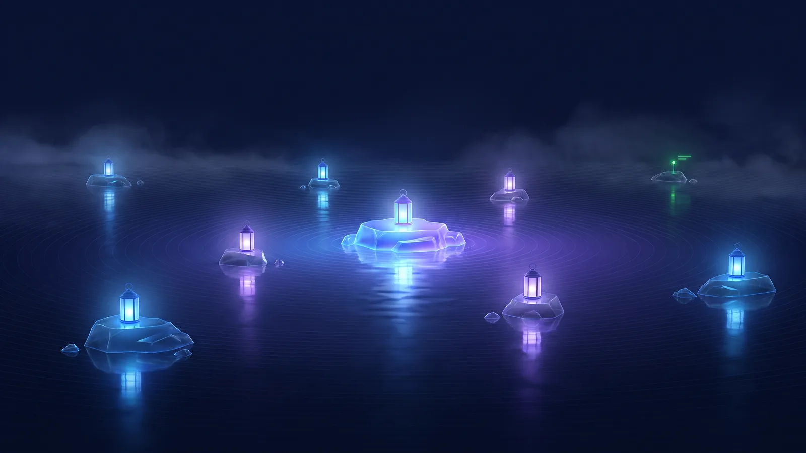 A dark sea at night with a scattered archipelago of small islands, each holding a softly glowing lantern whose light reflects across the water toward a larger, brighter island at the centre.