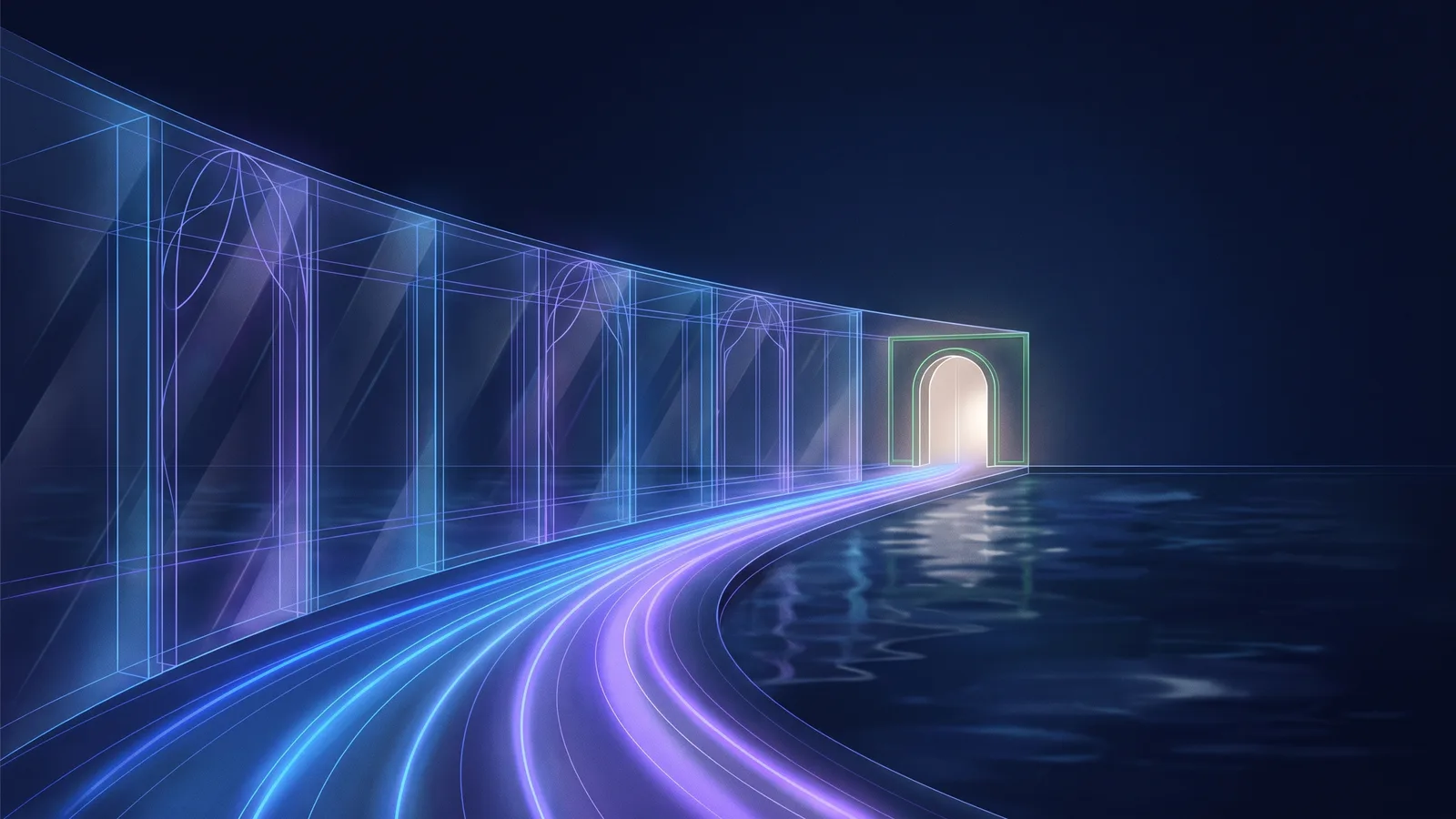 A curved glass corridor at night opening onto a calm sea, with soft blue and violet light flowing along the floor towards a single illuminated doorway at the far end.