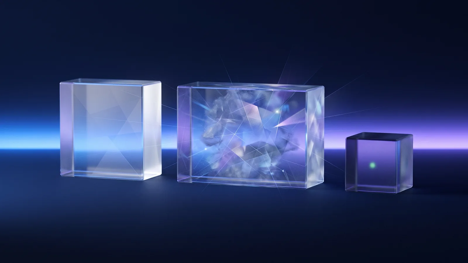Three translucent glass blocks on a dark surface under a band of light: one clear and evenly lit, one larger with a cloudy, fractured core, and one small and dim.