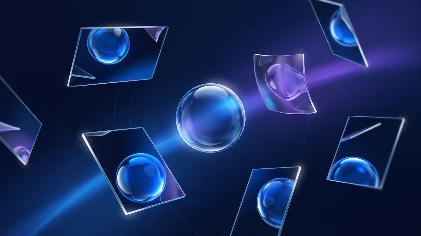 A smooth glass object at the centre of a dark space, surrounded by floating mirror panes at different angles; most reflections match it, but one pane shows it distorted and tinted a different shade.