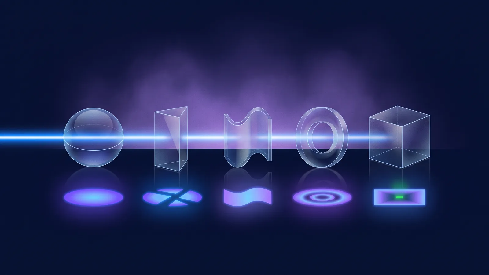 Five translucent glass lenses stand in a row on a dark surface, each bending the same beam of blue light into a differently shaped pool on the floor.